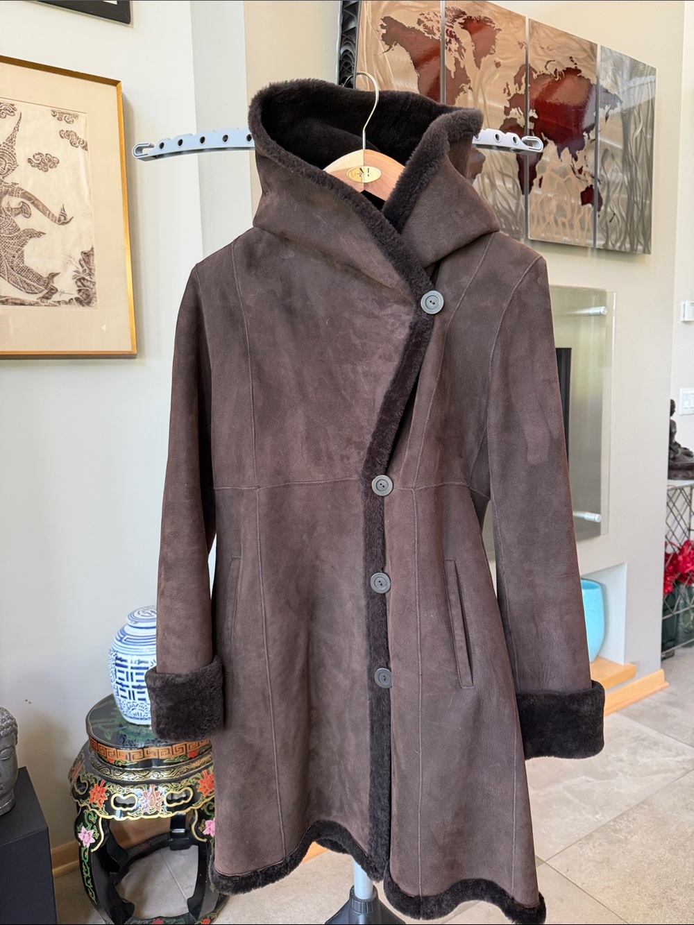 Blue Duck Chocolate Brown Shearling Coat with Wide Collar Hood - Women Size S